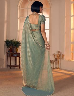 green women checked beads and stones embellished georgette saree 3