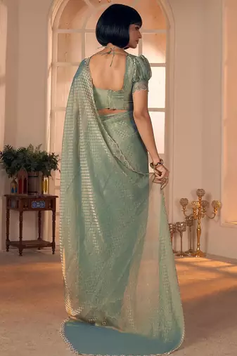 green women checked beads and stones embellished georgette saree