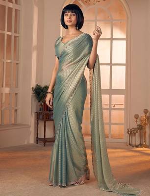 green women checked beads and stones embellished georgette saree 4