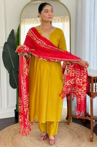 Mustard silk blend embroidered kurta trouser dupatta set