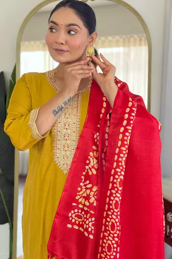 Mustard silk blend embroidered kurta trouser dupatta set