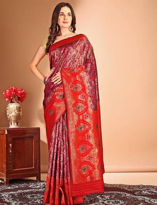 pink women woven design zari dharmavaram saree 1
