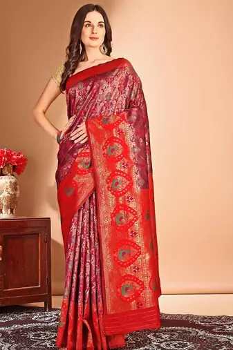 pink women woven design zari dharmavaram saree