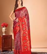 pink women woven design zari dharmavaram saree