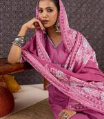 Pink pure cotton embroidered kurta trouser dupatta set