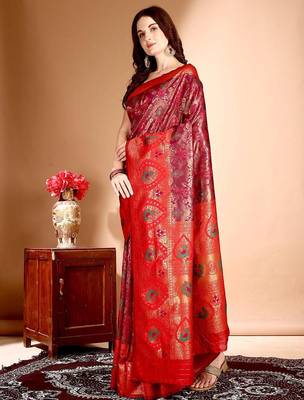 pink women woven design zari dharmavaram saree 2