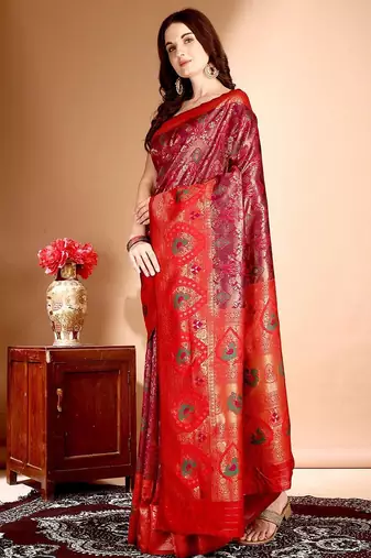 pink women woven design zari dharmavaram saree