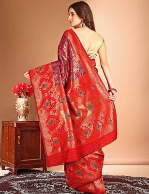 pink women woven design zari dharmavaram saree 3