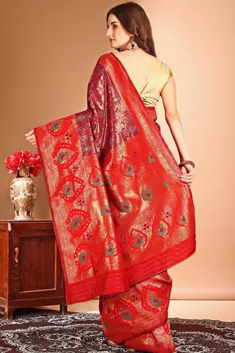 pink women woven design zari dharmavaram saree