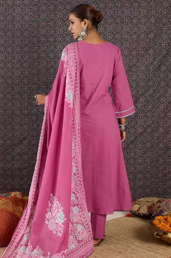 Pink pure cotton embroidered kurta trouser dupatta set