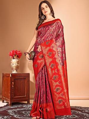 pink women woven design zari dharmavaram saree 4