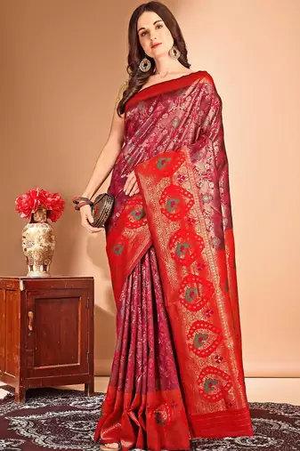 pink women woven design zari dharmavaram saree