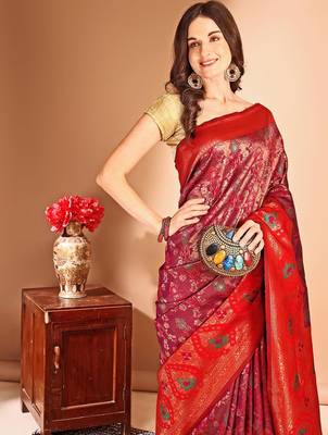 pink women woven design zari dharmavaram saree 5