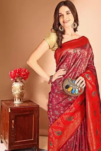 pink women woven design zari dharmavaram saree
