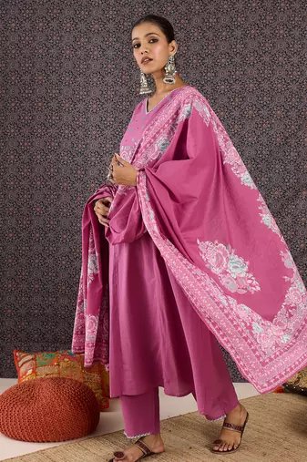 Pink pure cotton embroidered kurta trouser dupatta set