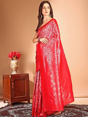 pink woven design art silk blend dharmavaram saree 3