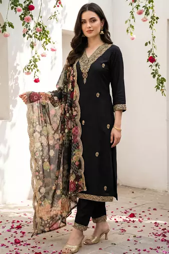 Black viscose rayon embroidered kurta trouser dupatta set