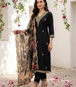 Black viscose rayon embroidered kurta trouser dupatta set