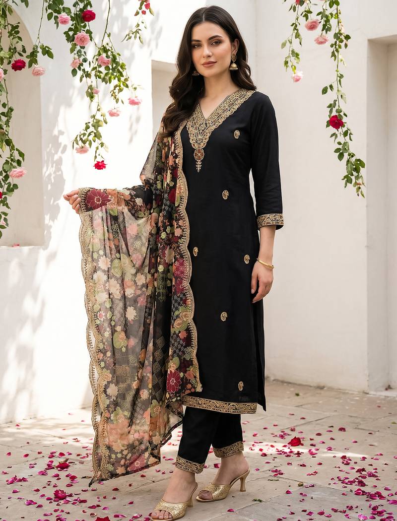 Black viscose rayon embroidered kurta trouser dupatta set