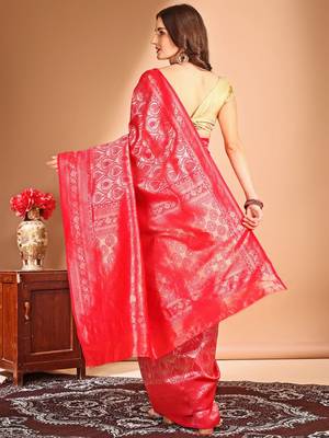 pink woven design art silk blend dharmavaram saree 4