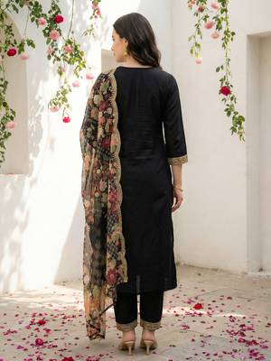 Black viscose rayon embroidered kurta trouser dupatta set 2