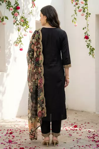 Black viscose rayon embroidered kurta trouser dupatta set