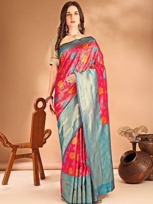 pink woven design zari dharmavaram saree 2