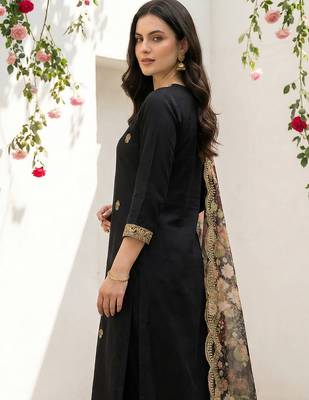 Black viscose rayon embroidered kurta trouser dupatta set 3