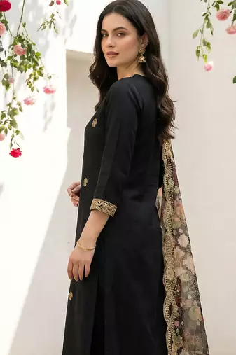 Black viscose rayon embroidered kurta trouser dupatta set