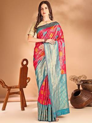 pink woven design zari dharmavaram saree 5