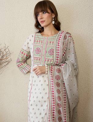White pure cotton printed kurta trouser dupatta set 2