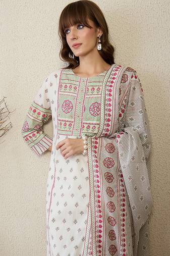 White pure cotton printed kurta trouser dupatta set