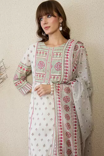White pure cotton printed kurta trouser dupatta set