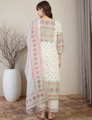 White pure cotton printed kurta trouser dupatta set 3