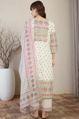 White pure cotton printed kurta trouser dupatta set