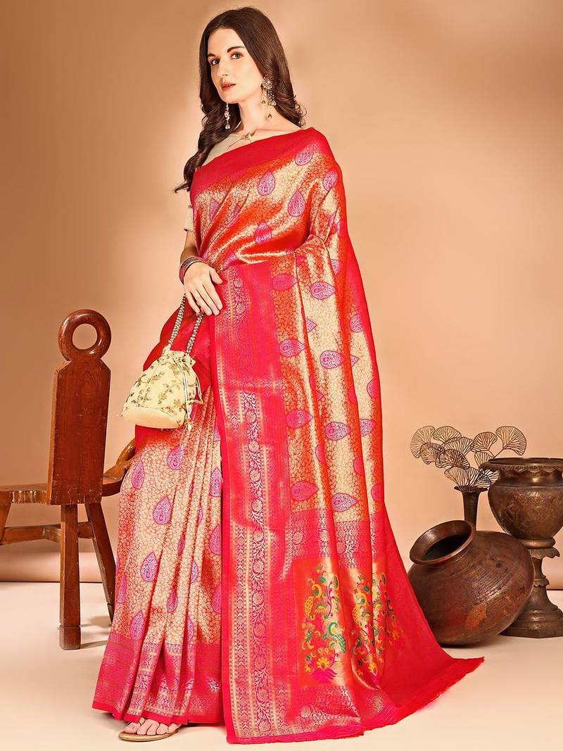 pink woven design zari dharmavaram saree