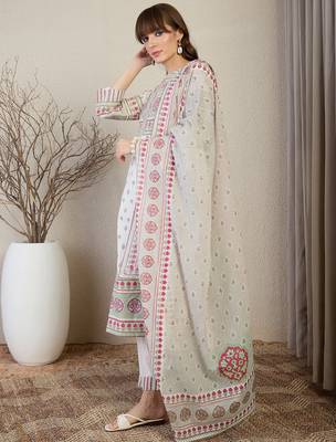 White pure cotton printed kurta trouser dupatta set 1