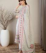 White pure cotton printed kurta trouser dupatta set