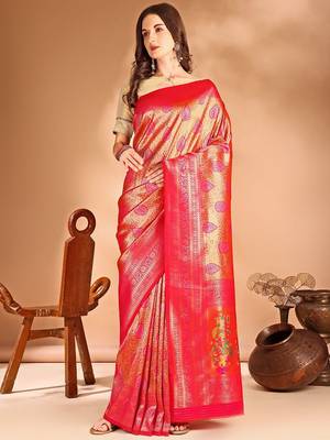 pink woven design zari dharmavaram saree 5