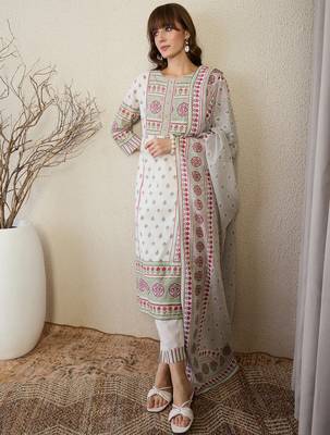 White pure cotton printed kurta trouser dupatta set 4