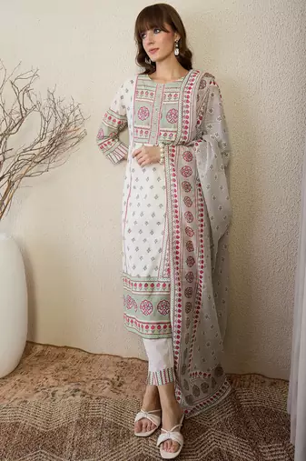 White pure cotton printed kurta trouser dupatta set