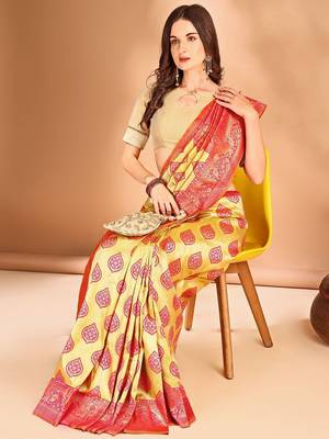 yellow woven design art silk blend designer dharmavaram saree 1