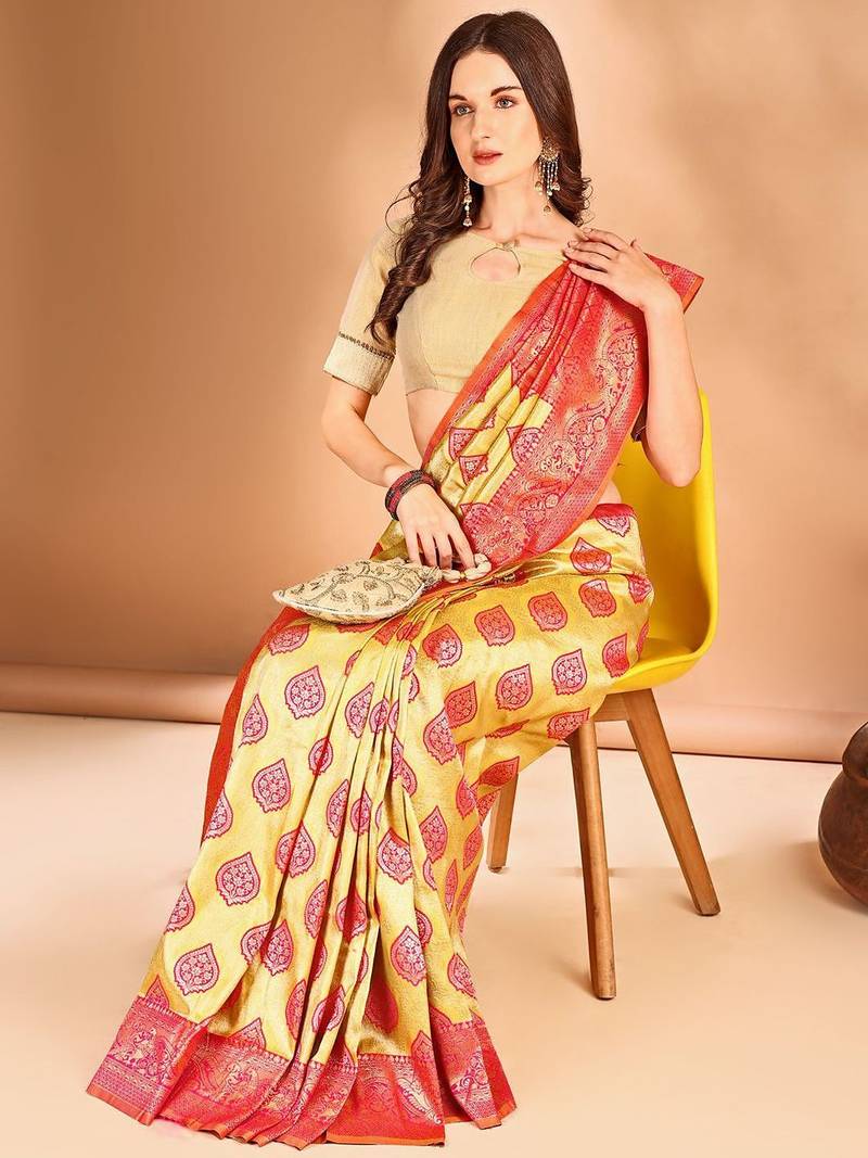 yellow woven design art silk blend designer dharmavaram saree