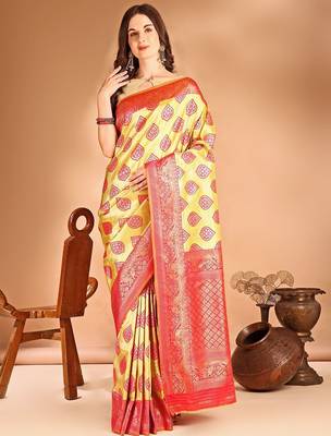 yellow woven design art silk blend designer dharmavaram saree 2