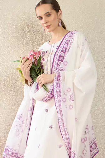 White pure cotton embroidered kurta trouser dupatta set