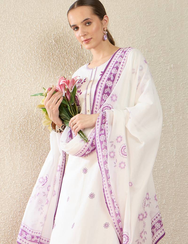 White pure cotton embroidered kurta trouser dupatta set