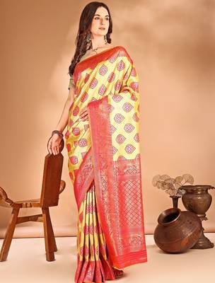 yellow woven design art silk blend designer dharmavaram saree 3