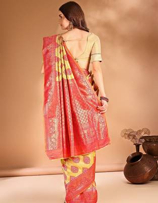 yellow woven design art silk blend designer dharmavaram saree 4