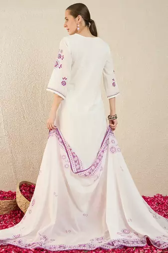White pure cotton embroidered kurta trouser dupatta set