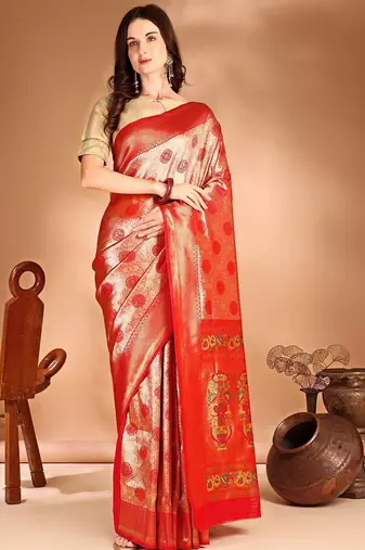 orange ethnic motifs woven design dharmavaram saree